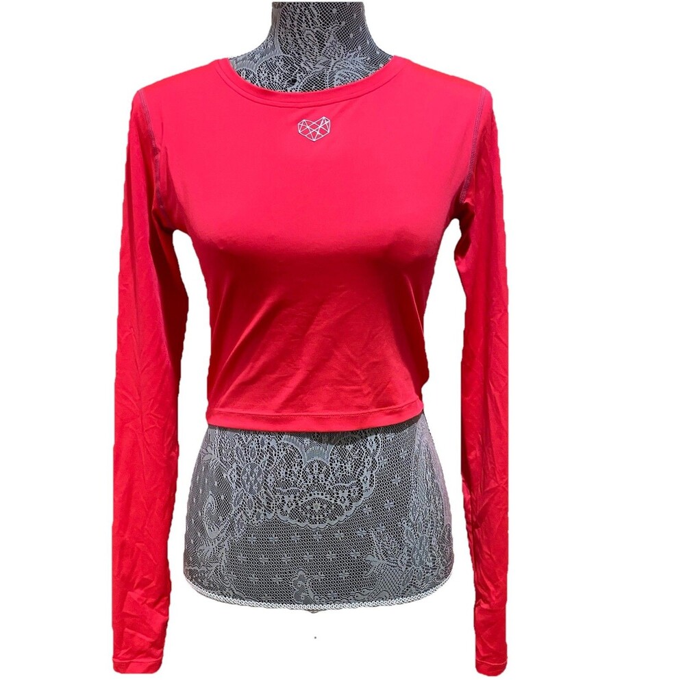 Pink Soda Crop Top Heart Thumbholes Sport Shirt Womens Sz XS Long Sleeve